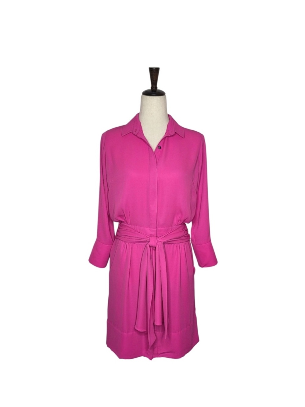 Gretchhen Scott Vibrant Pink Button Down 3/4 Sleeve Chiffon Mini Dress Size XXS